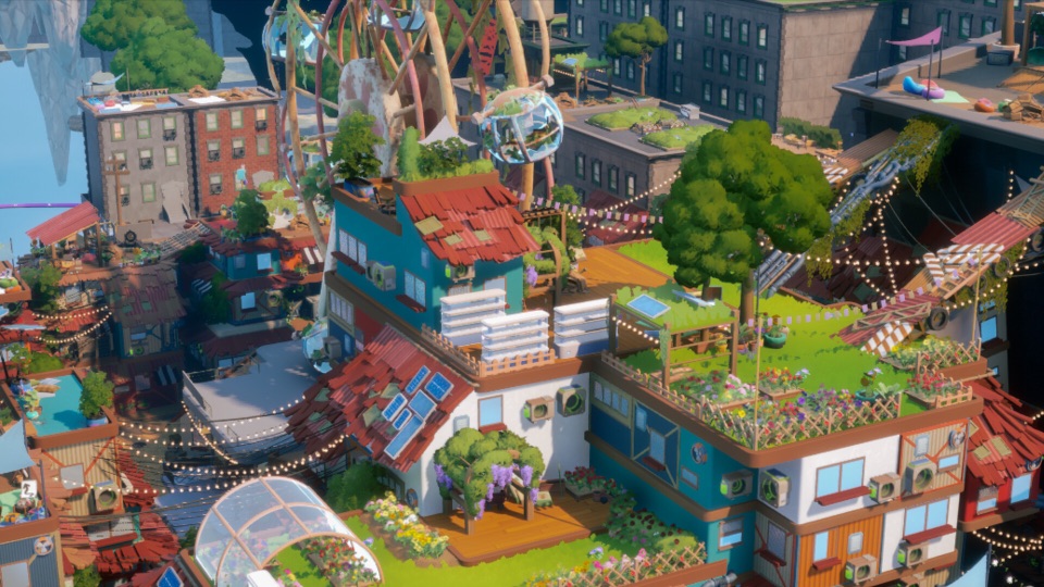 Rooftop gardens and homes stacked in a Loftia city district
