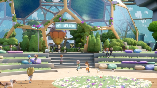 Players gathering at a welcome plaza in Loftia