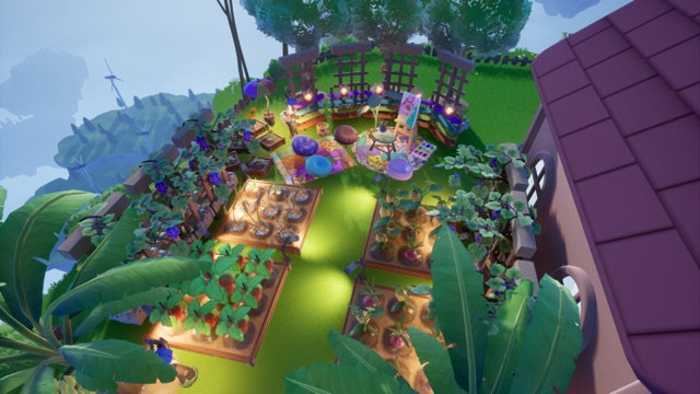 Raised garden beds with crops in Loftia